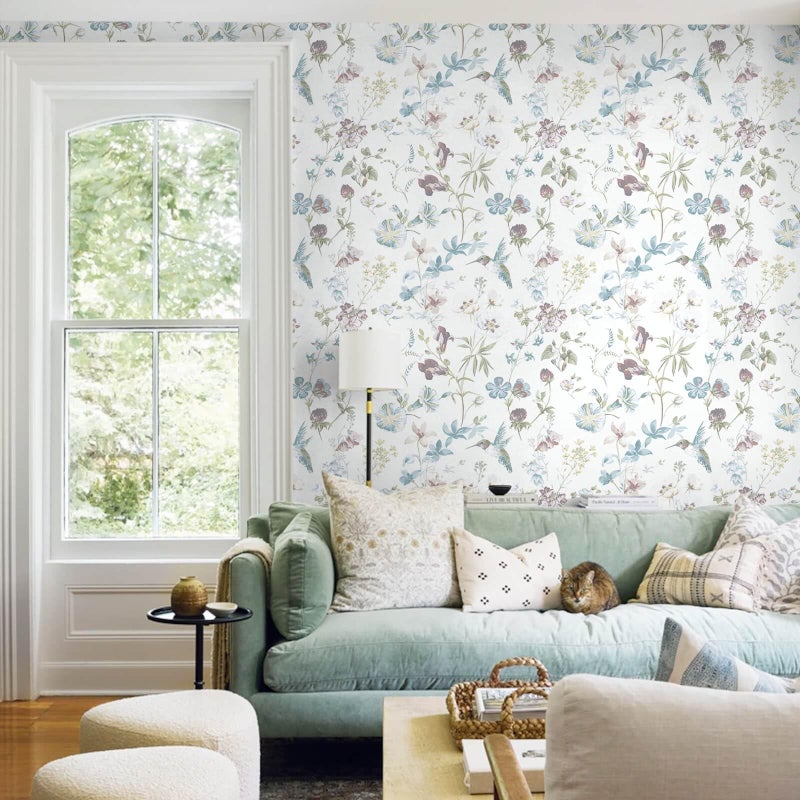 Ismoon Floral Peel and Stick Wallpaper Blue and White Contact Paper Flower Hummingbird Bird Wall Paper Removable Self Adhesive Vinyl Wallpaper for Bedroom Cabinet Wall Decro 17.3x78.7in - Image 2