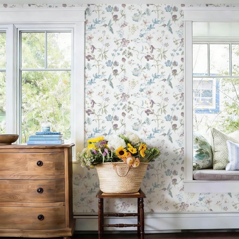 Ismoon Floral Peel and Stick Wallpaper Blue and White Contact Paper Flower Hummingbird Bird Wall Paper Removable Self Adhesive Vinyl Wallpaper for Bedroom Cabinet Wall Decro 17.3x78.7in - Image 3