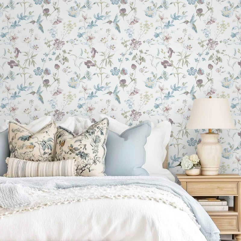 Ismoon Floral Peel and Stick Wallpaper Blue and White Contact Paper Flower Hummingbird Bird Wall Paper Removable Self Adhesive Vinyl Wallpaper for Bedroom Cabinet Wall Decro 17.3x78.7in - Image 4