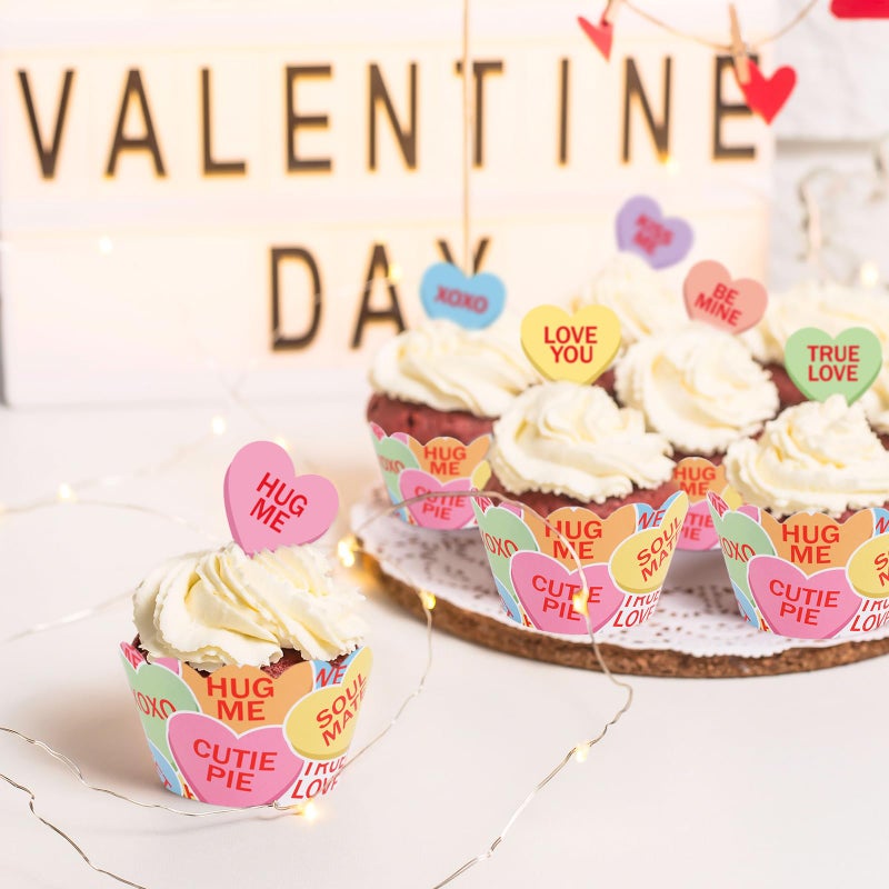 Whaline 72Pcs Valentine Cupcake Wrappers and Cake Toppers Set Conversation Heart Truck Cupcake Picks Colorful Heart Cupcake Liners for Dessert Decoration - Image 5
