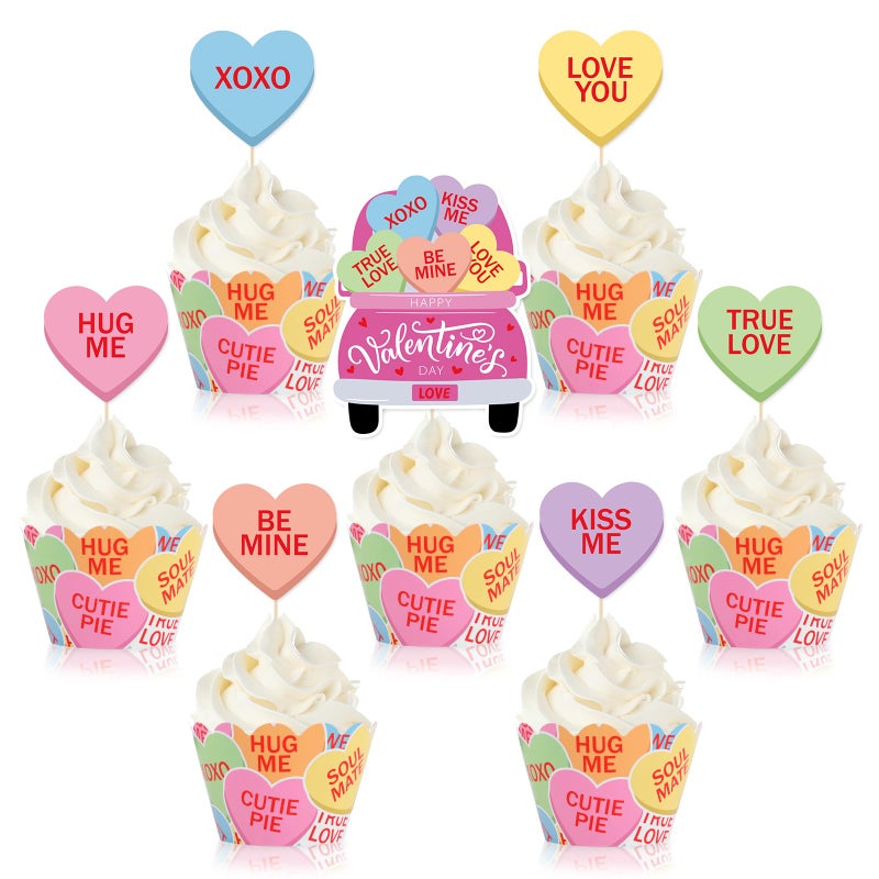 Whaline 72Pcs Valentine Cupcake Wrappers and Cake Toppers Set Conversation Heart Truck Cupcake Picks Colorful Heart Cupcake Liners for Dessert Decoration - Image 1