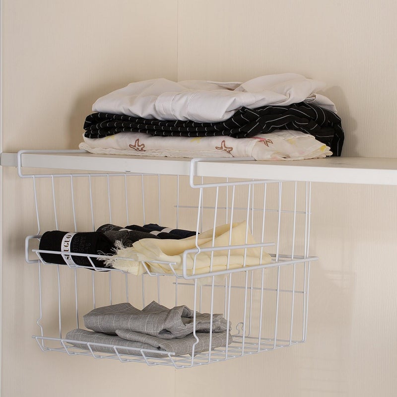 Lonians 2-Pack Under Shelf Hanging Storage Baskets - Metal Wire Rack Organizer for Kitchen, Pantry, Cabinet, Bathroom, Desk - Space Saving Shelf Extender (White, Large) - Image 4