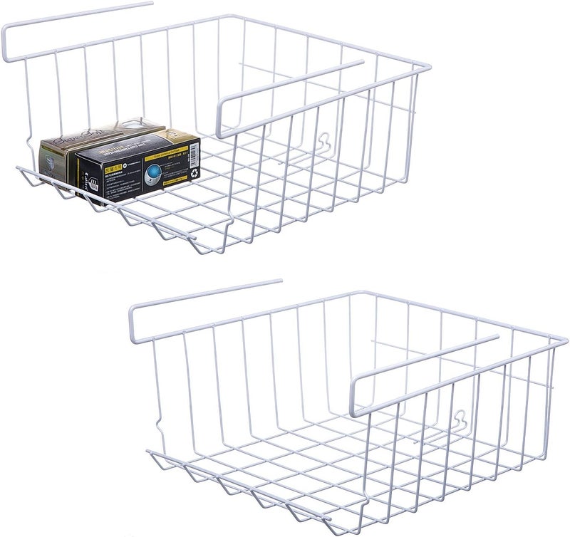 Lonians 2-Pack Under Shelf Hanging Storage Baskets - Metal Wire Rack Organizer for Kitchen, Pantry, Cabinet, Bathroom, Desk - Space Saving Shelf Extender (White, Large) - Image 1