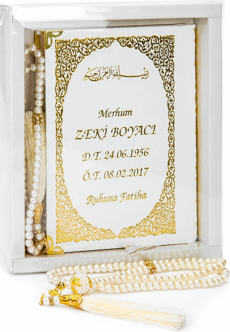 ايهفان اونلاين 50 Pieces - Name Printed Hardcover Book of Yasin - Bag Size - 128 Pages - Boxed - Vavlı Pearl Prayer Beads - Mevlüt Gift