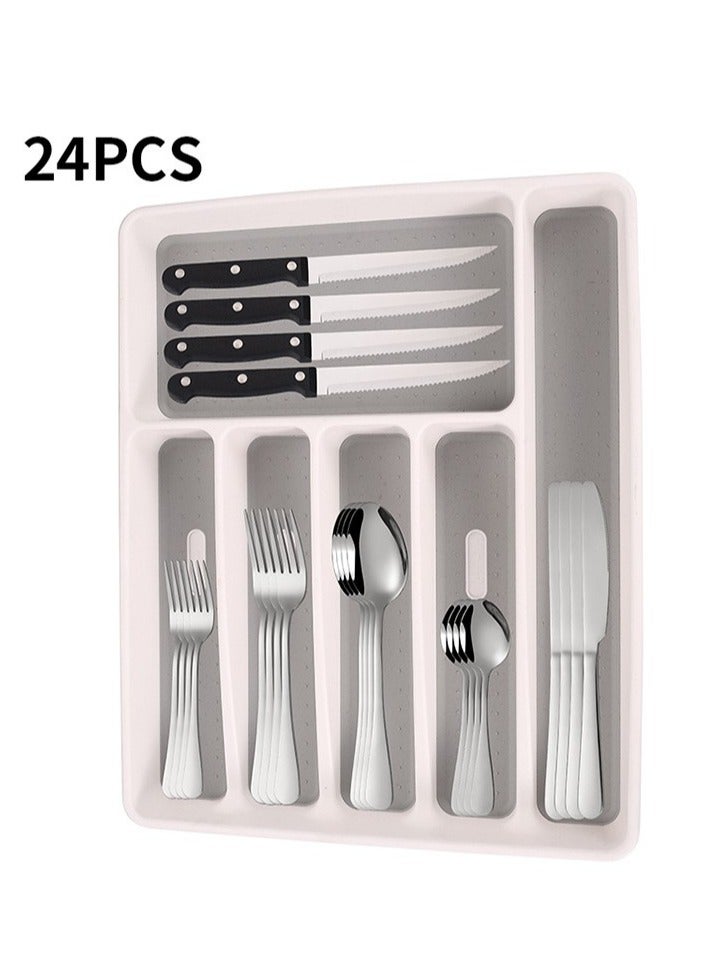 كيلا 24 قطعة من أدوات المائدة الفضية مع منظم وسكاكين ستيك، أطقم أدوات مائدة من الفولاذ المقاوم للصدأ لـ 4 أشخاص للمطبخ المنزلي، أطقم أدوات مائدة، تشمل أطقم سكاكين وملاعق وشوك - Image 1
