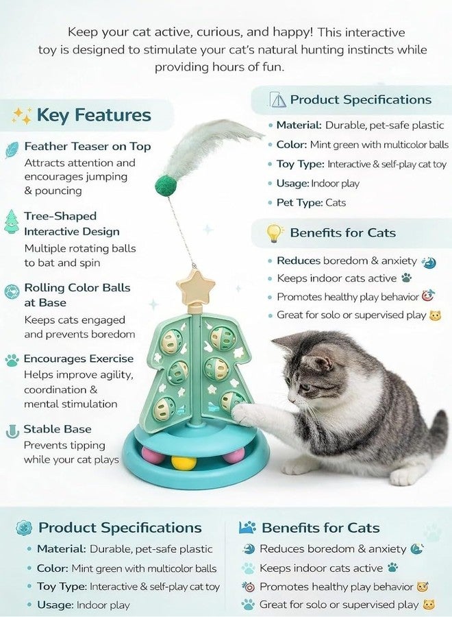 JingleTree Spinner Cat Toy, Christmas Tree Interactive Cat Activity Tower with Bells, Rolling Balls and Hanging Teaser, Indoor Kitten Exercise & Mental Stimulation Toy for Cats - Image 5