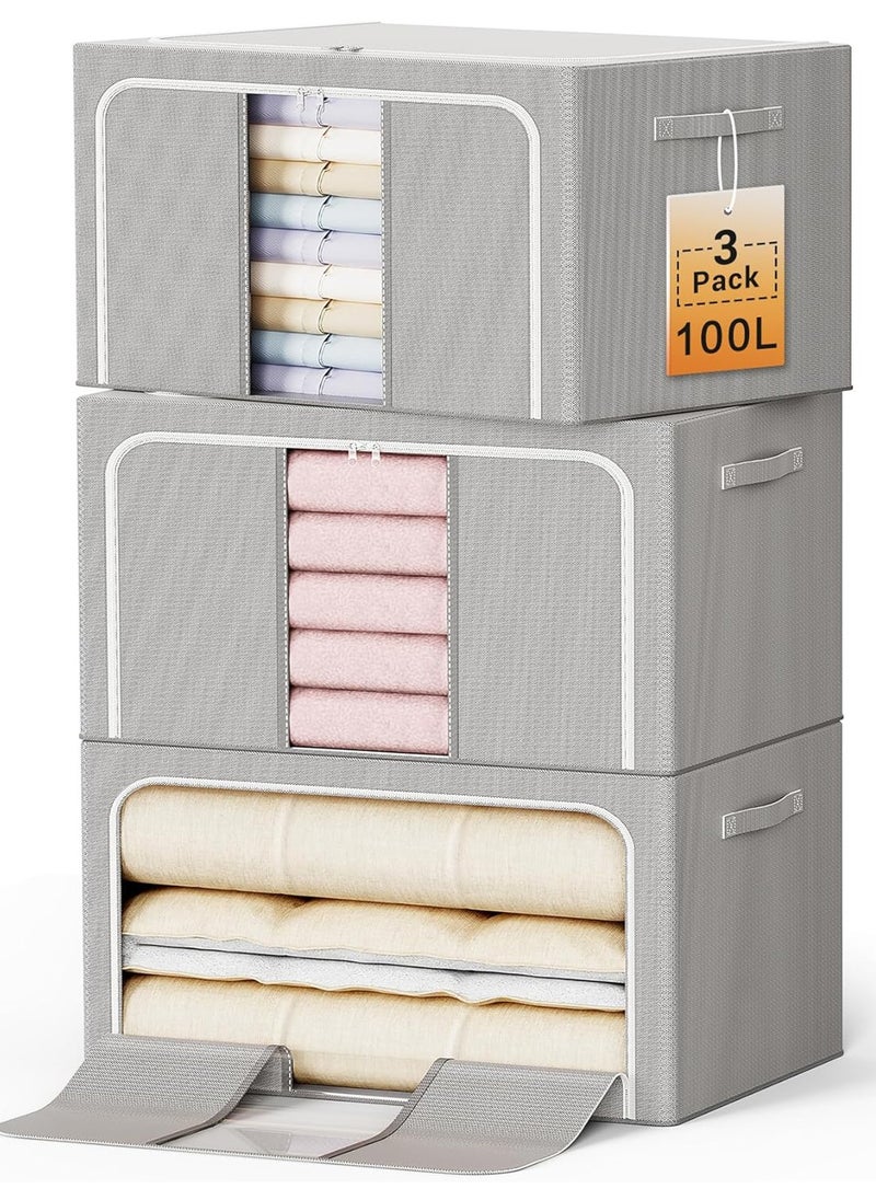 CityRiya-Long Large Storage Bags Clothes Storage Bins 60 * 42cm Foldable Storage Box Clothes Closet Organizers Storage Containers with Metal Frame Wardrobe Organization for Blanket Clothing Bedding (3 Packs 100L)  - Image 1