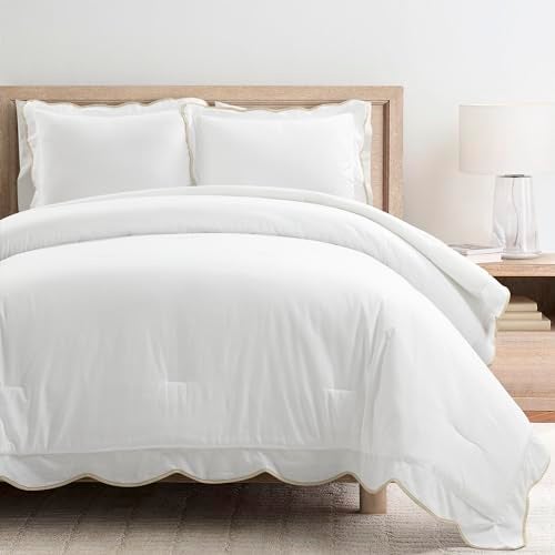 Lush Decor Coastal Chic Scalloped Edge Comforter Set 3 Piece Set KingCalifornia King Neutral White King Bedding Set White Comforter King Size Coastal Decor - Image 1