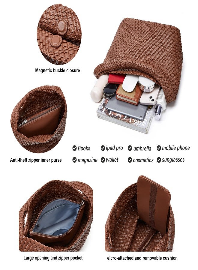 Sumrains Woven Bags for Women Tote Purse: Vegan Leather Shoulder Handbags - Medium Beach Tote Bags - Handwoven Satchel Underarm Purse for Holidays (Brown Color) - Image 4