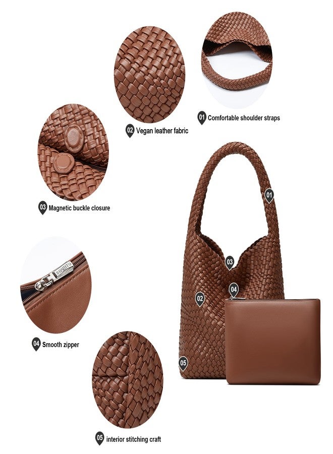 Sumrains Woven Bags for Women Tote Purse: Vegan Leather Shoulder Handbags - Medium Beach Tote Bags - Handwoven Satchel Underarm Purse for Holidays (Brown Color) - Image 5