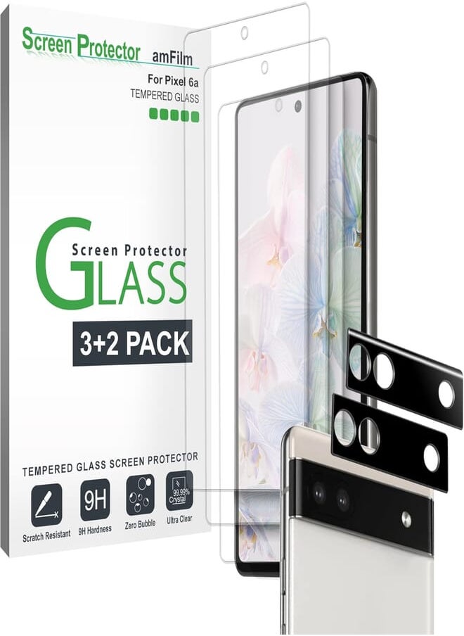 Amfilm (3+2 Pack) amFilm 3pack Tempered Glass Screen Protector for Google Pixel 6A -5G(2022), with 2 Pack Camera Lens Protector, 0.33mm Thickness, HD Clear, Anti-Scratch Bubbles-Free 