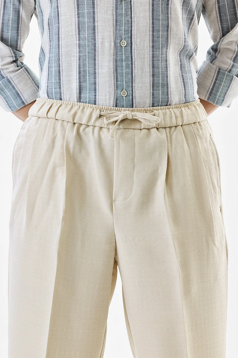 SNITCH Beige Textured Regular Fit Casual Trousers