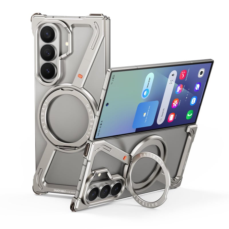 OATSBASF Minimalist Phone Case for Samsung Galaxy Z Fold 7, 360Â° Rotation Kickstand Aluminum Metal Frameless Design Bumper Z Case, Protective Shock Grade Shell (Natural Titanium) - Image 1