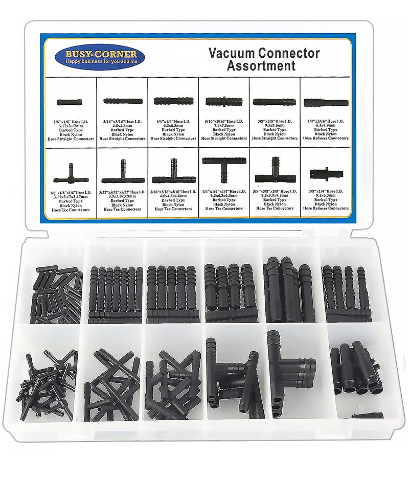 BUSY-CORNER Vacuum Connector Assortment Heat Resistance 240℃（460℉）Automotive Vacuum Tubing Connector Vacuum Tee Connector Assortment Kit Nylon 113 Pieces BUSY-CORNER - Image 1