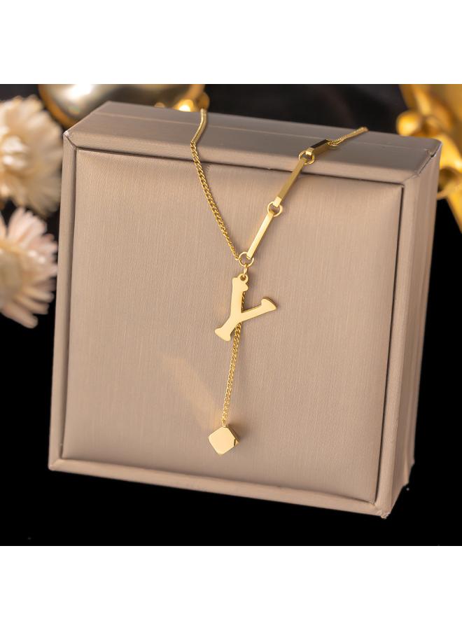 26 Letters Non-fading Titanium Steel Necklace Female Niche Design Simple Square Pendant Clavicle Chain Cold Wind Necklace