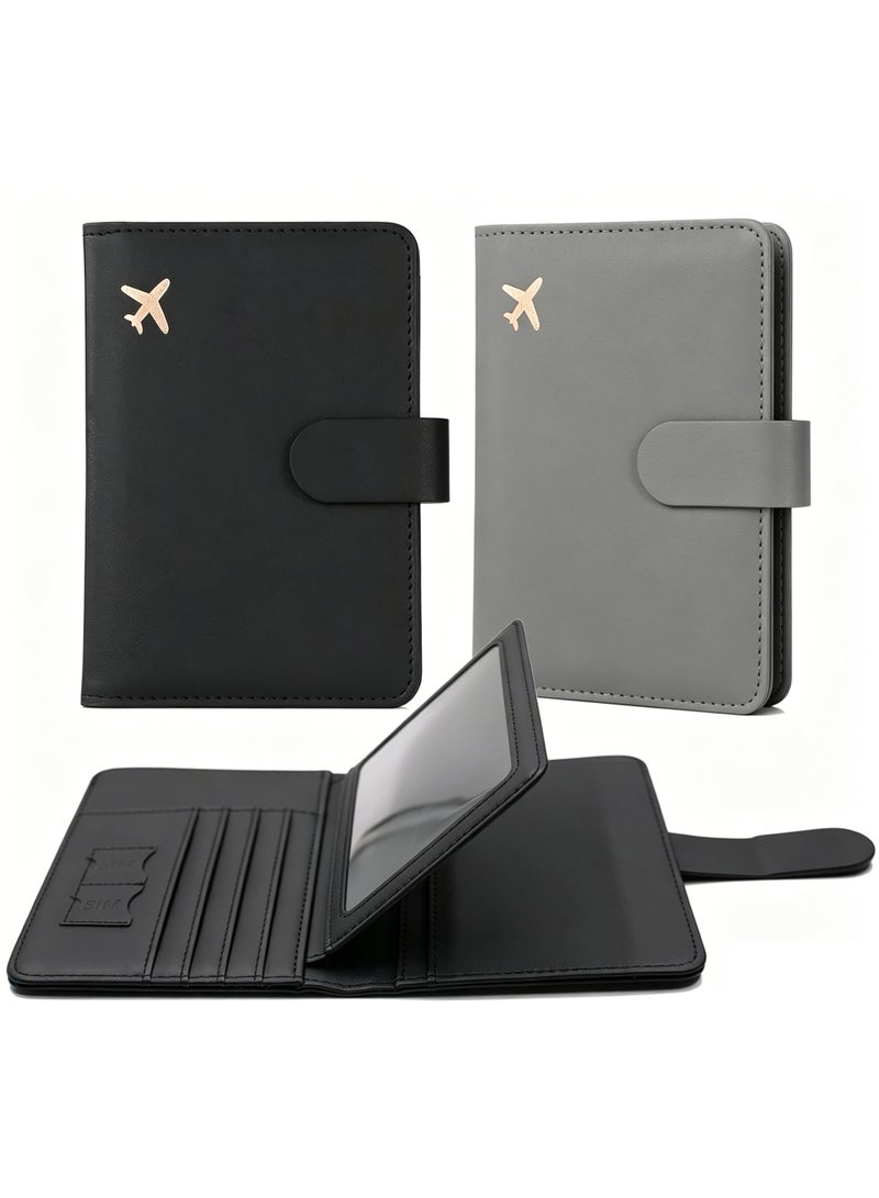 2PCS Leather Passport Holder Case, Waterproof RFID Blocking Travel Wallet Passport Holder With Pen Pouch, Passport Book For Women/Men(Black and Grey) - Image 1
