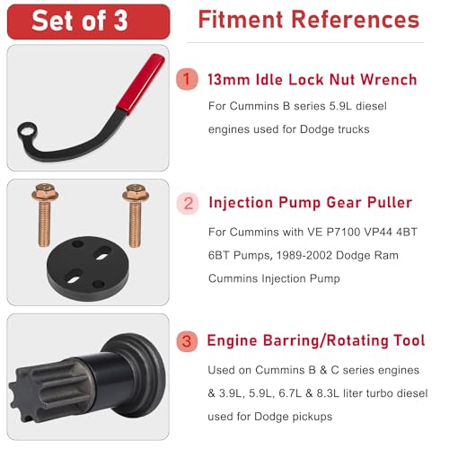 Camoo 13mm Injection Pump Idle Lock Nut Wrench & Engine Barring Tool & Injection Pump Gear Puller For Cummins 5.9L B/C Series, for Dodge Ram VE P7100 VP44 1989-2002 (3 Sets) - Image 2