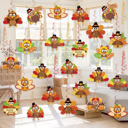 Sereliy Thanksgiving Hanging Ceiling Decorations 24pcs Hanging Swirls Turkey Decorations Friendsgiving Thanksgiving Party Decor for Home Classroom Office - Image 1