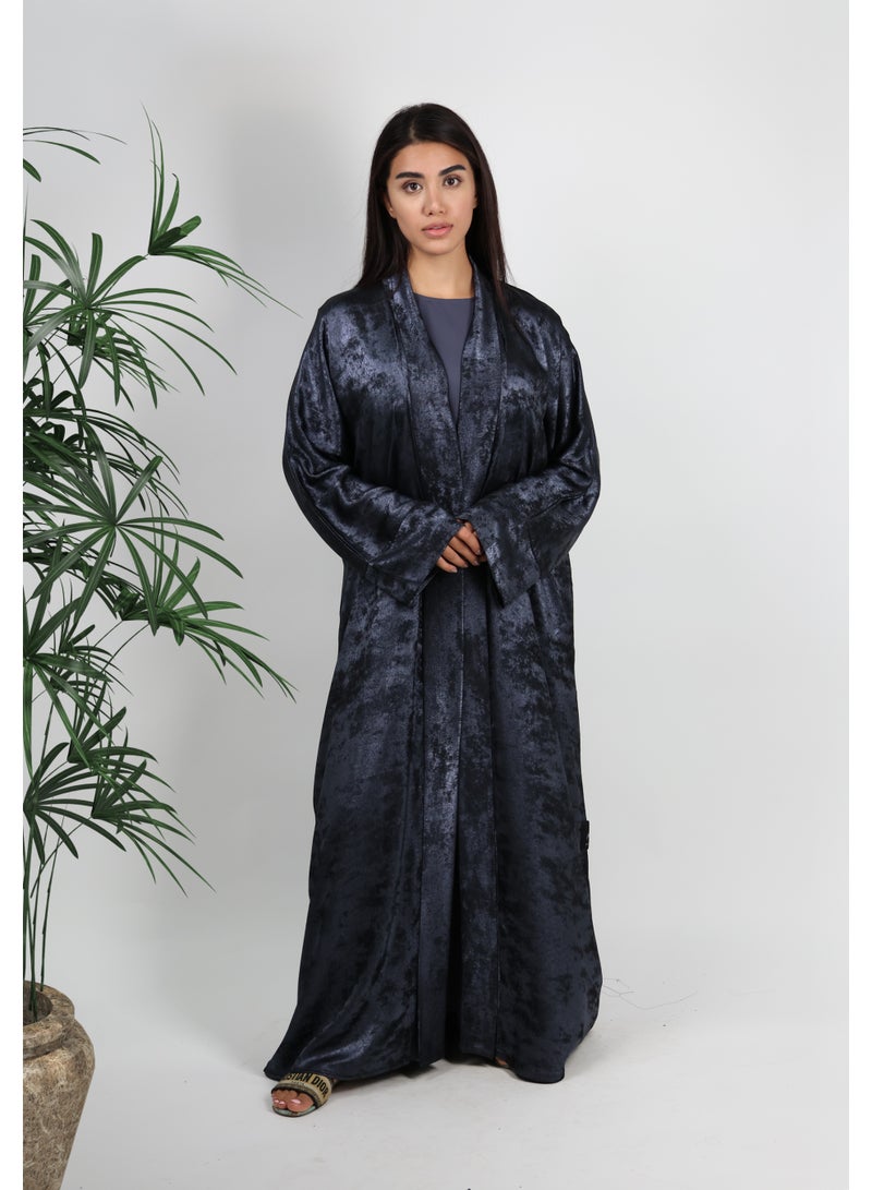 JAMEELA Deep Navy (Appears Black) Satin Foil Abaya – Midnight Glitz - Image 1
