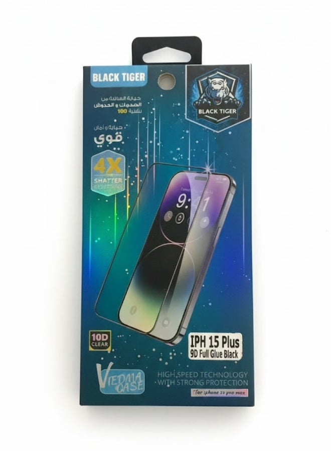 Black Tiger 10D Full Glue Black Tempered Glass Screen Protector for iPhone 15 Plus with 4X Shatter Resistance and Strong Protection