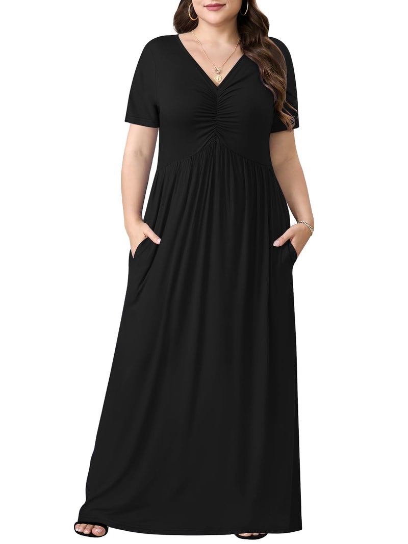 PEVRL Plus Size Maxi Dresses for Women Summer Casual Short Sleeve Long Dress with Pockets Black 3X - Image 1