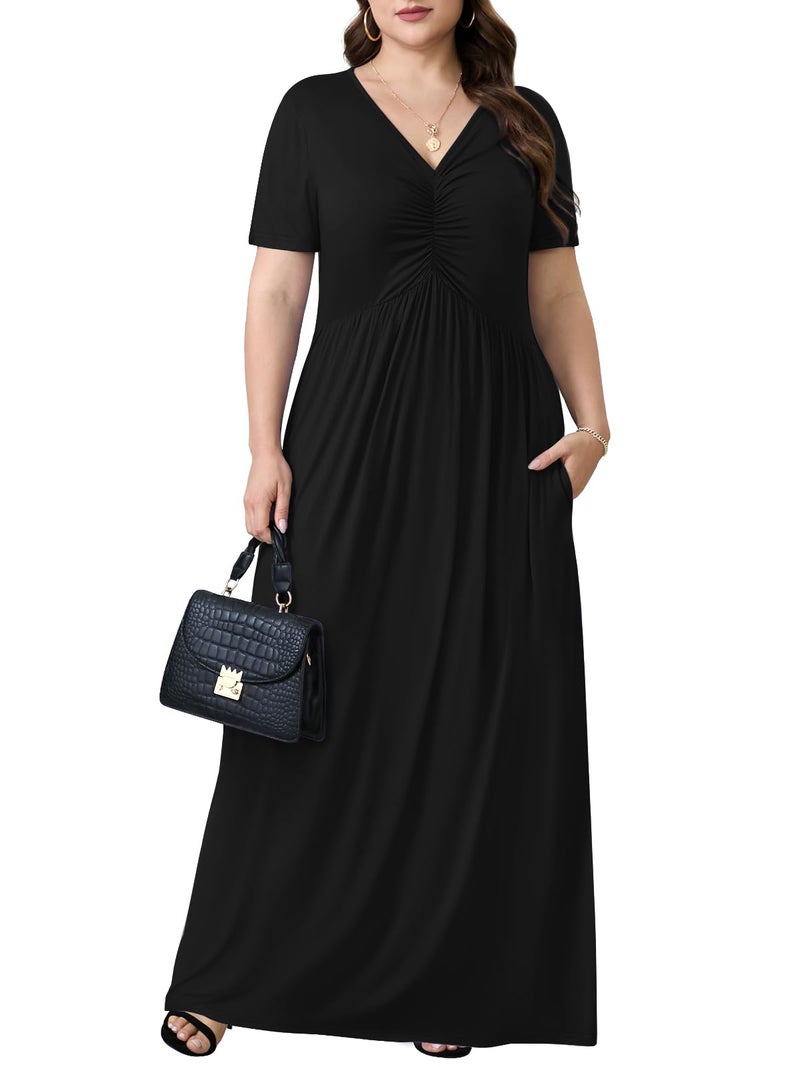 PEVRL Plus Size Maxi Dresses for Women Summer Casual Short Sleeve Long Dress with Pockets Black 3X - Image 2