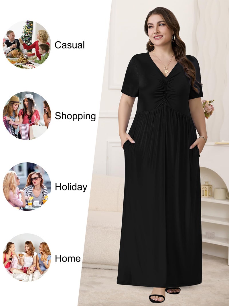 PEVRL Plus Size Maxi Dresses for Women Summer Casual Short Sleeve Long Dress with Pockets Black 3X - Image 4