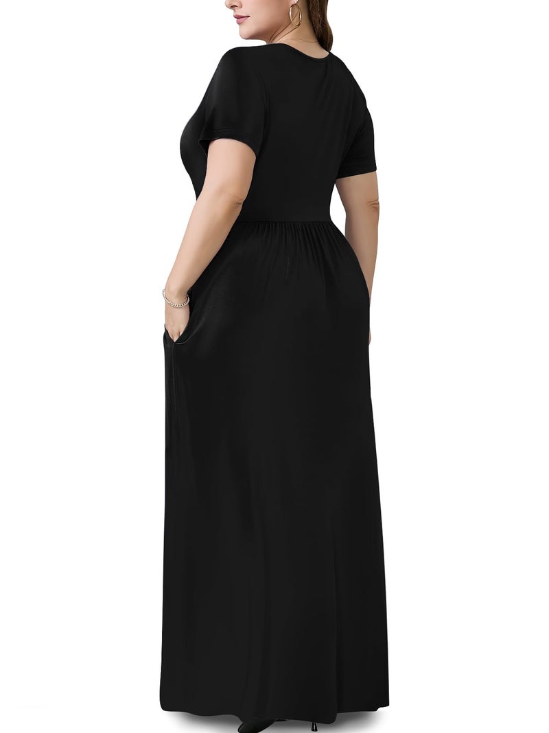 PEVRL Plus Size Maxi Dresses for Women Summer Casual Short Sleeve Long Dress with Pockets Black 3X - Image 3