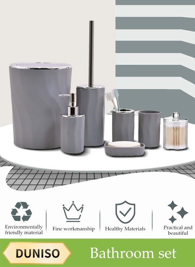 DUNISO 7 Pieces of Bathroom Accessories Set, Household Toiletries Set, Bathroom Storage Set,Sturdy and Durable， with Hand Sanitizer Bottle, Toothbrush Cup, Mouthwash Cup, Soap Box, Toilet Brush, Trash Can, Cotton Swab Box,Suitable for Family and Travel Use  - Image 1