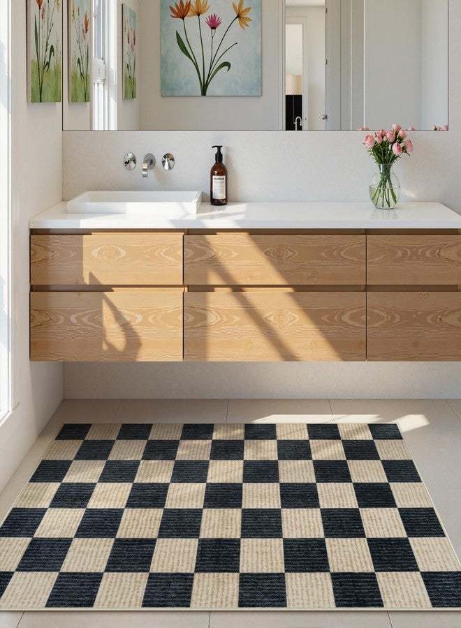 لايف بوكس سجادة LIVEBOX قابلة للغسل مقاس 3x5، بنقشة مربعات، مانعة للانزلاق، سجادة مدخل صغيرة، لون أسود، بنمط ريفي محايد، كلاسيكية هندسية، سجادة للأولاد لغرفة النوم وغرفة المعيشة، سجادة منخفضة الوبر للاستخدام الداخلي في المطبخ والحمام (أسود 3x5) - Image 3