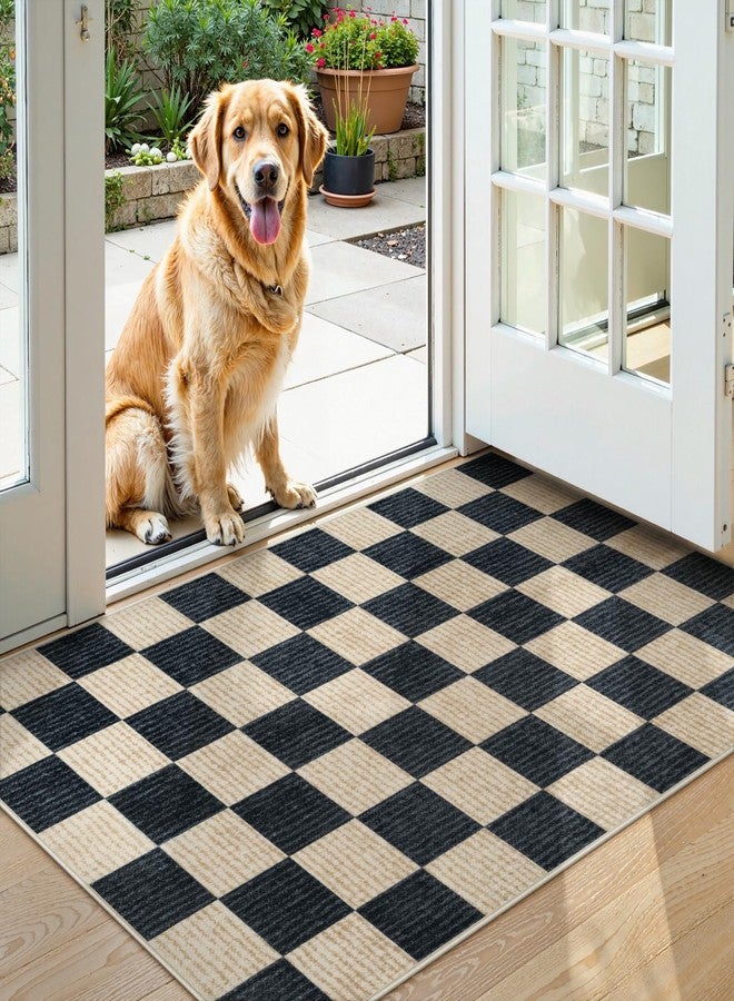 لايف بوكس سجادة LIVEBOX قابلة للغسل مقاس 3x5، بنقشة مربعات، مانعة للانزلاق، سجادة مدخل صغيرة، لون أسود، بنمط ريفي محايد، كلاسيكية هندسية، سجادة للأولاد لغرفة النوم وغرفة المعيشة، سجادة منخفضة الوبر للاستخدام الداخلي في المطبخ والحمام (أسود 3x5) - Image 2