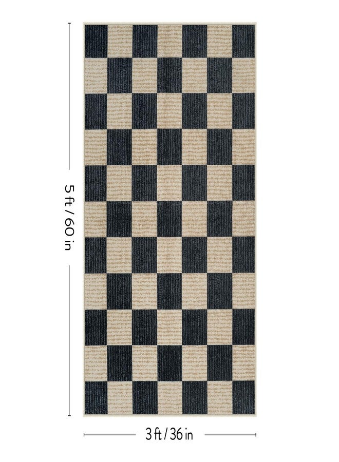 لايف بوكس سجادة LIVEBOX قابلة للغسل مقاس 3x5، بنقشة مربعات، مانعة للانزلاق، سجادة مدخل صغيرة، لون أسود، بنمط ريفي محايد، كلاسيكية هندسية، سجادة للأولاد لغرفة النوم وغرفة المعيشة، سجادة منخفضة الوبر للاستخدام الداخلي في المطبخ والحمام (أسود 3x5) - Image 5