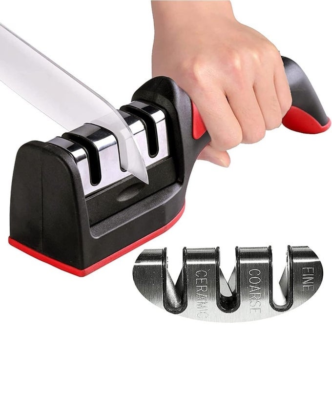 JN SUPPLIER PROFESSIONAL KNIFE SHARPENER WITH 3STAGE SHARPENING SYSTEM NONSLIP BASE BLACK AND RED