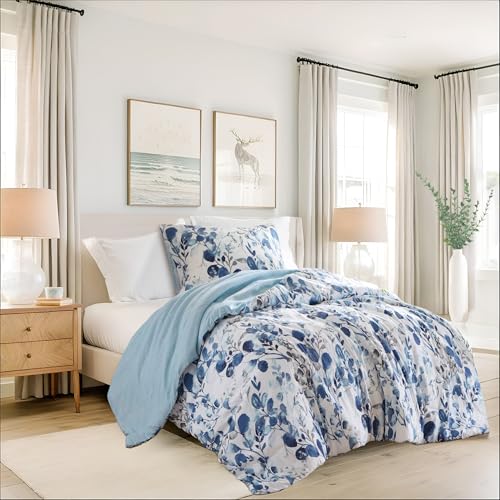Regency Heights Lightweight Seersucker Botanical Twin Size Comforter Set, 2 Pieces Reversible Design Bed Comforter, Premium Microfiber Bedding Set, Comforter and Sham Set, Blue - Image 1