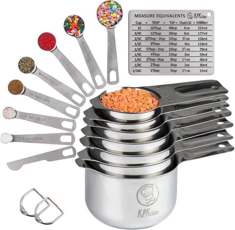 KPKitchen Stainless Steel Measuring Cups and Spoons Set of 16-7 Cup & 7 Spoon + Conversion Chart & Leveler - Kitchen Measuring Spoons and Cups - Dry Measure Cups Stainless Steel & Baking Metal Measuring Cups - Image 1