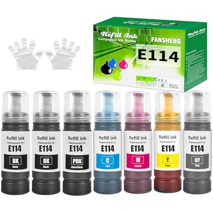 114 INK COMPATIBLE WITH EPSON 114 INK REFILL BOTTLES FOR ET-8500 ET-8550 PRINTERS (7 PACK 2 BLACK/PHOTO BLACK/CYAN/MAGENTA/YELLOW/GREY) - Image 1