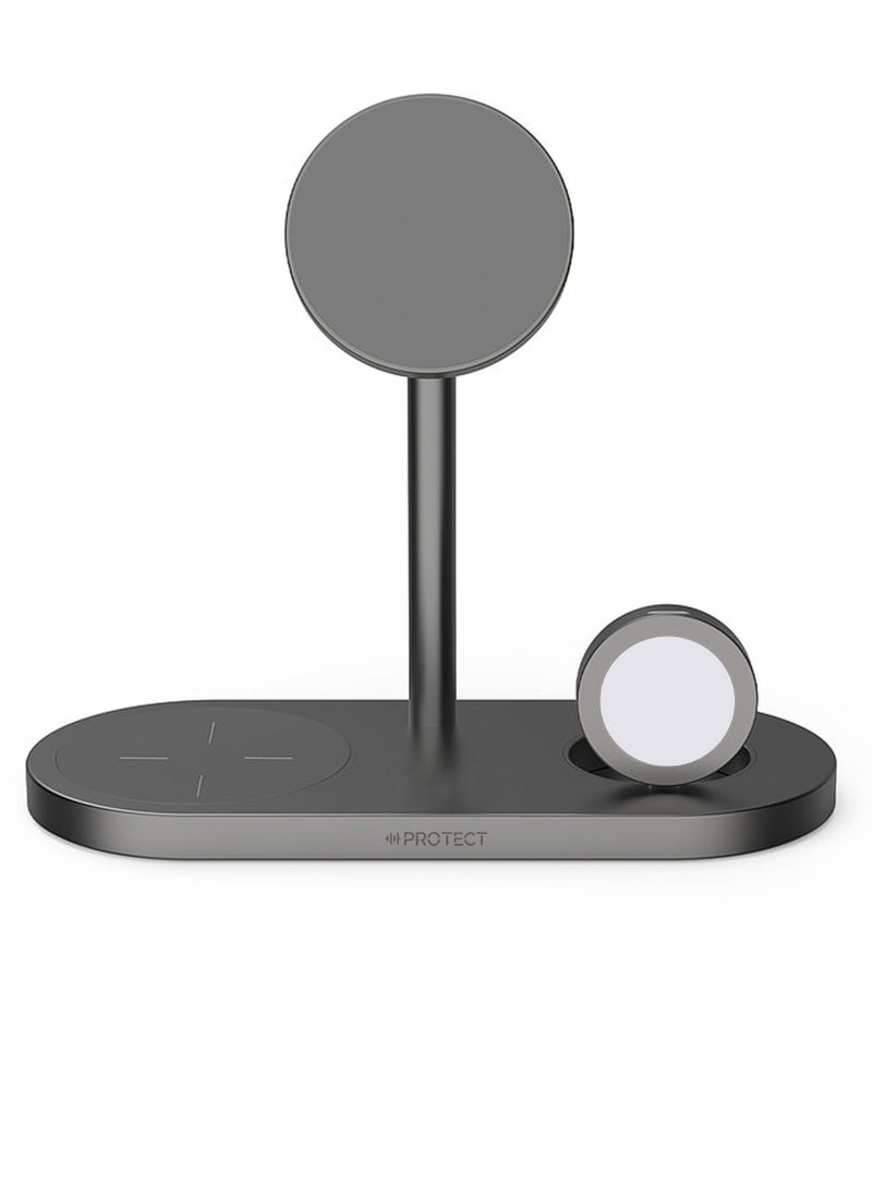 Protect - PROTECT 3-in-1 MagSafe Phone Stand, Aluminum Body, Fast Charging, For Apple Watch, Apple AirPods, Wireless Charging, Type-C Input, Grey | X23-PRO - Image 1