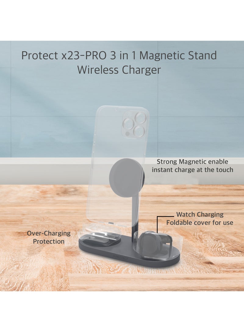 Protect - PROTECT 3-in-1 MagSafe Phone Stand, Aluminum Body, Fast Charging, For Apple Watch, Apple AirPods, Wireless Charging, Type-C Input, Grey | X23-PRO - Image 1