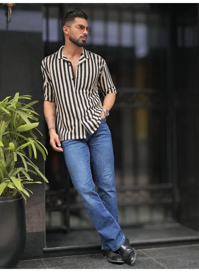 Maniac  Maniac Mens Striped Collared Neck Half Sleeve Black and Silver Grey Waffle Knitted Shirt for Men | Best Price UAE