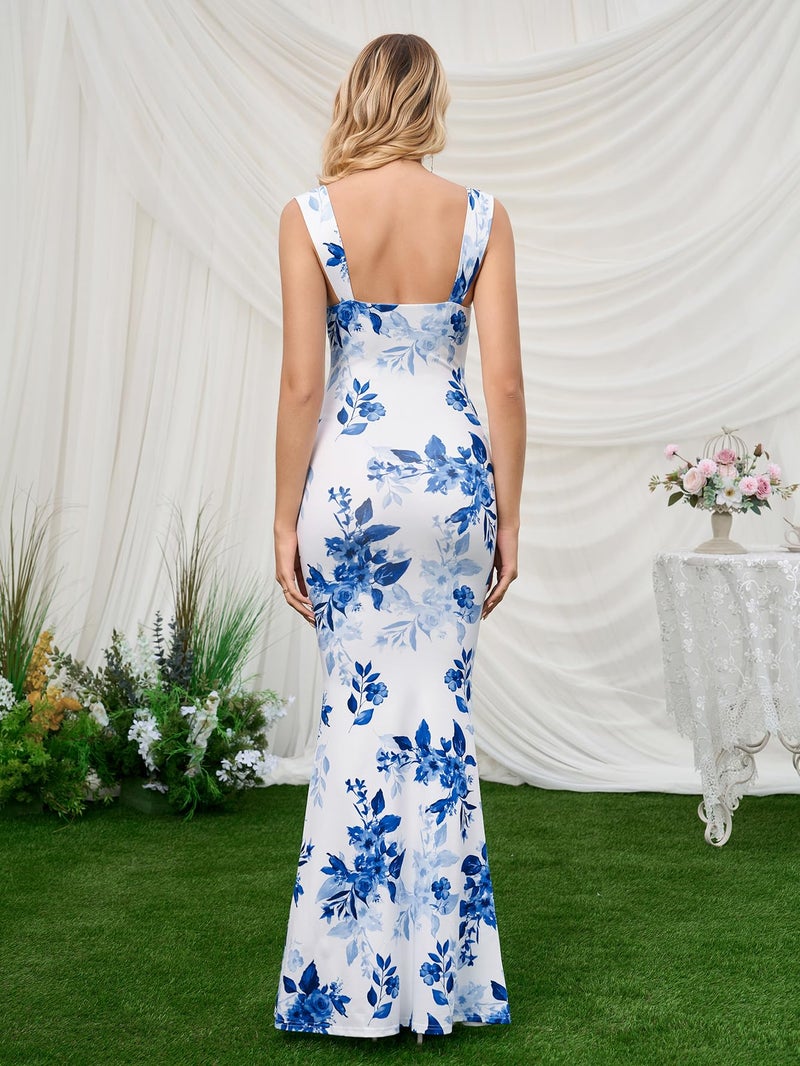 HTZMO Women Floral Wedding Guest Bodycon Maxi Dress Summer Cowl Neck Formal Party Elegant Long Dresses 2026 BlueFloral M - Image 4