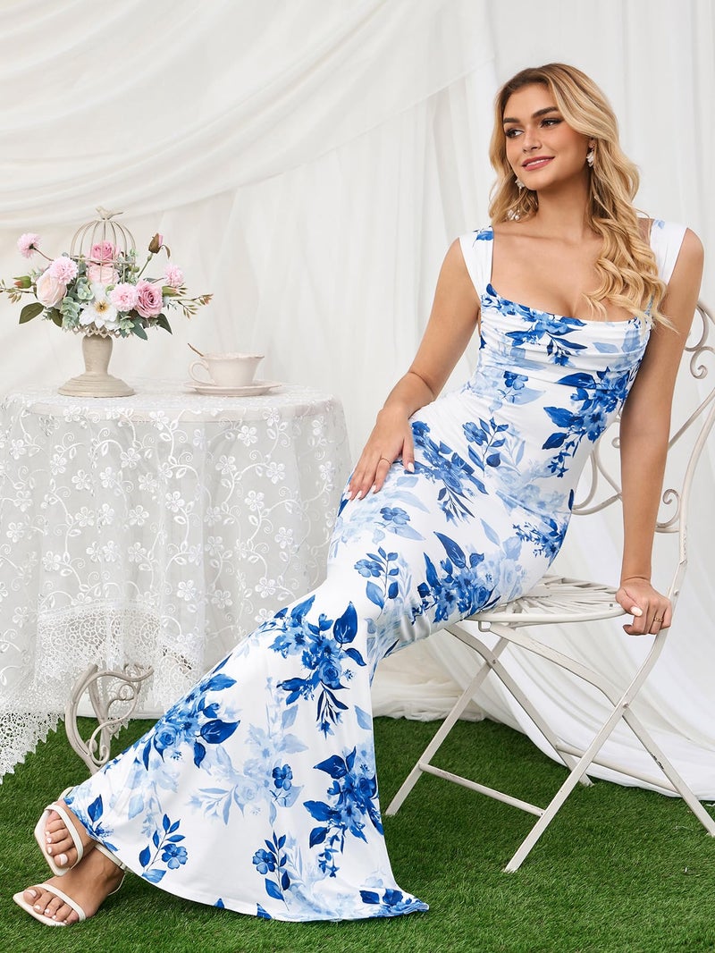 HTZMO Women Floral Wedding Guest Bodycon Maxi Dress Summer Cowl Neck Formal Party Elegant Long Dresses 2026 BlueFloral M - Image 5