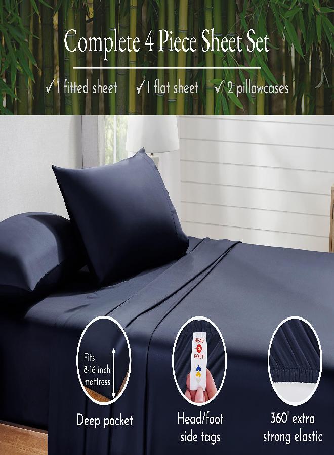 California Design Den California Design Den Rayon from Bamboo Sheets Set, Cooling Queen Size Bed Luxury Silk Sheets, 4 Piece Sheet Set, Bedsheets with Snug Fitted Deep Pockets and Pilling Resistant (Queen, Navy Blue) - Image 2