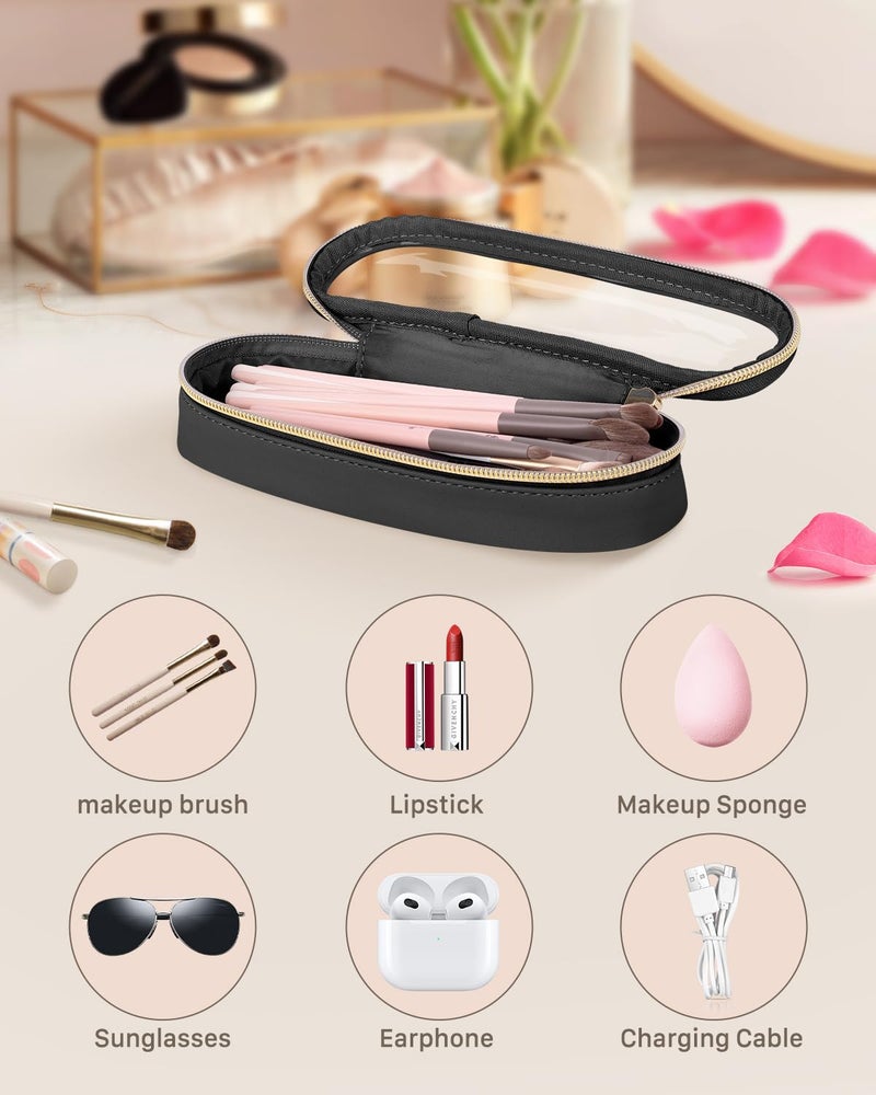 Soimeat Clear Travel Makeup Brush Holder, Leather Makeup Brush Toiletry Bag, Portable Cosmetic Brush Case, Transparent Waterproof Makeup Brush Storage Bag, Black, Large - Image 2