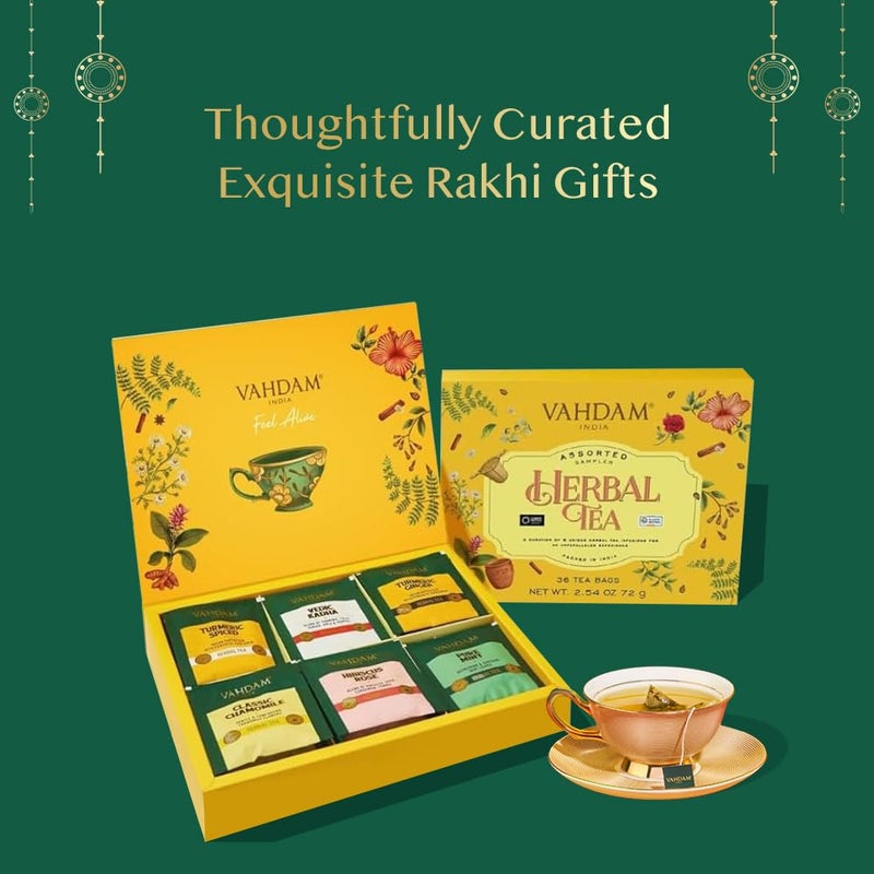 Vahdam فهدام، مجموعة متنوعة من الشاي العشبي (6 أنواع، 36 كيس شاي | خالي من الكافيين، غير معدّل وراثيًا | هدية راخي مميزة للأخ والأخت | مجموعات هدايا الشاي، هدية راخي للأخت - Image 2