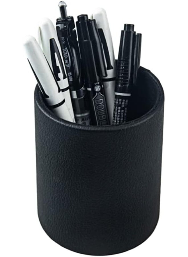 Pen Pencil Holder Cup Container PU Leather Desk Organizer Stand Decor Brush Scissor Holder Decoration Office Desk Home School (3.3" x 3.3" x 4", Black) - Image 1