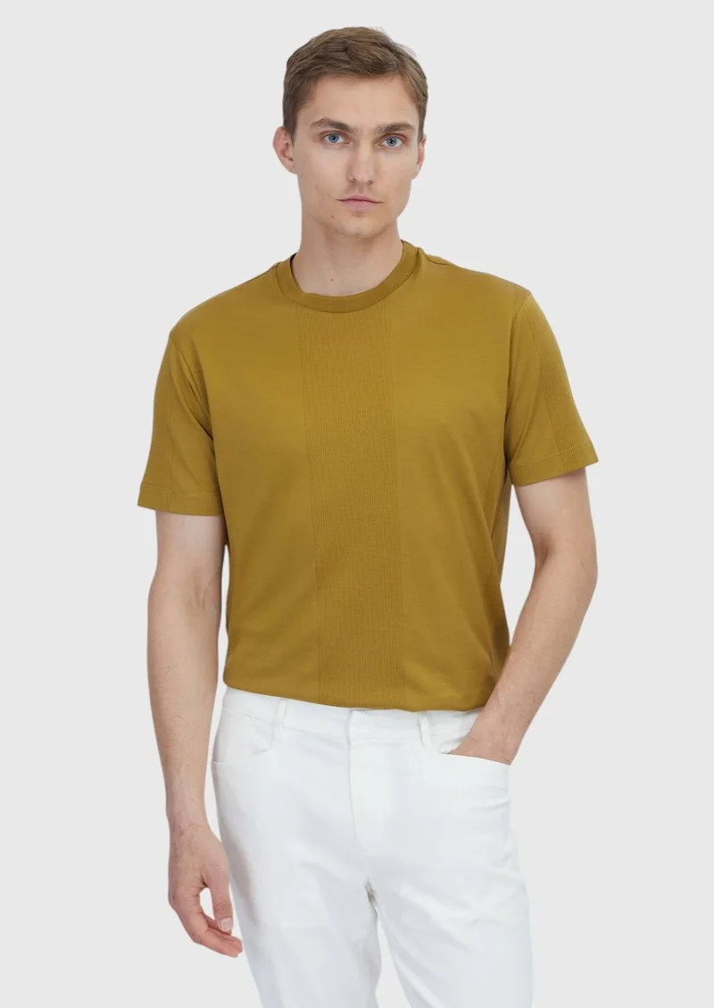 RAMSEY Oil Green Jacquard Crew Neck 100% Cotton T-Shirt