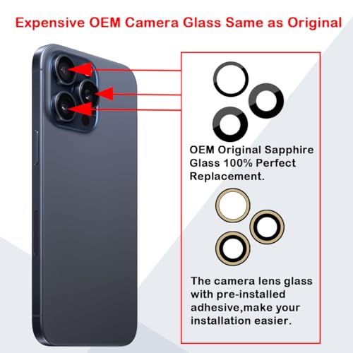 Phoupair Original OEM Back Rear Camera Glass Lens Replacement for iPhone 15 Pro Max 6.7-inches with Adhesive Preinstalled and Repair Tools Set - Image 3