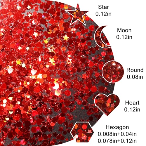 Renfio Mixed Shapes Confetti, Star Confetti Holographic Chunky Glitter, 1.75oz/50g Red Glitter Heart Moon Circle Sequins Valentines Glitter for Crafts for Nail Art Resin Tumblers - Crimson Starryscape - Image 2