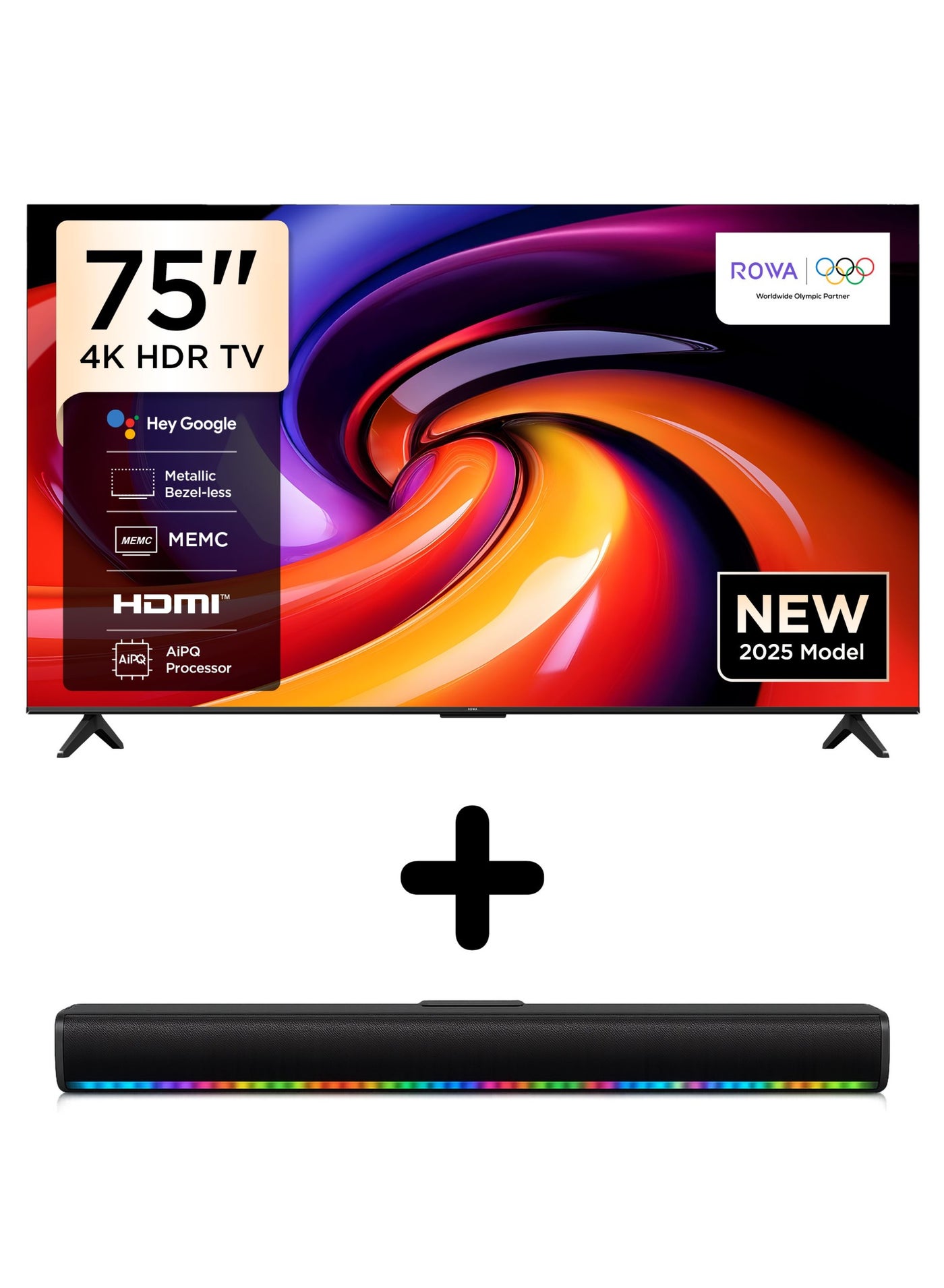 ROWA 75‑Inch R55 4K Ultra HD Google Smart TV + 2.0 Channel Soundbar Home Entertainment Bundle | 75 Inch HDR Smart TV With HDR 10, Dolby Audio, MEMC, Game Master (International Version) 75R55+SOUNDBAR Black