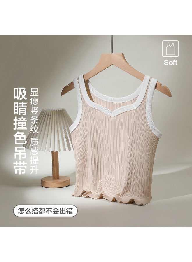 Red Bean Slimming Contrast Sleeveless Vest For Women, Summer Versatile Wear V-Neck Camisole, Outerwear Tank Top - Image 2